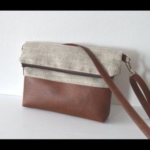 Fabric and Faux Leather Foldover Crossbody Bag